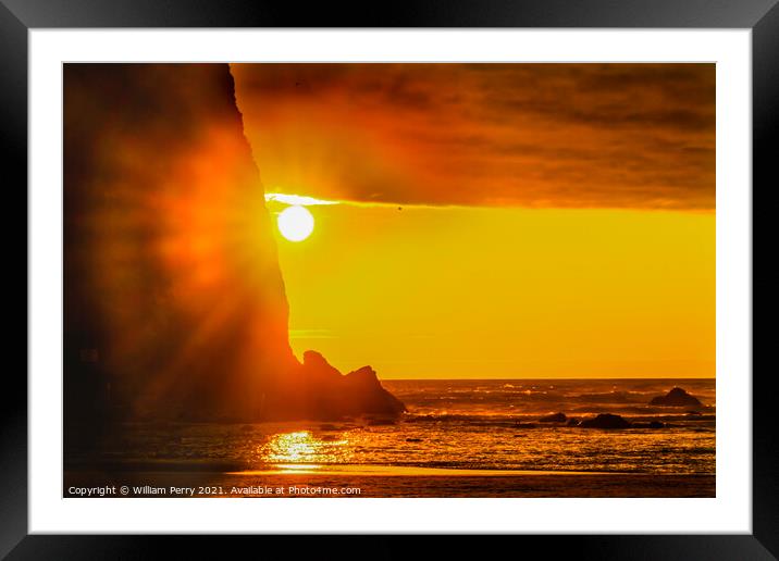 Colorful Sun Rays Haystack Rock Sea Stack Canon Beach Oregon Framed Mounted Print by William Perry