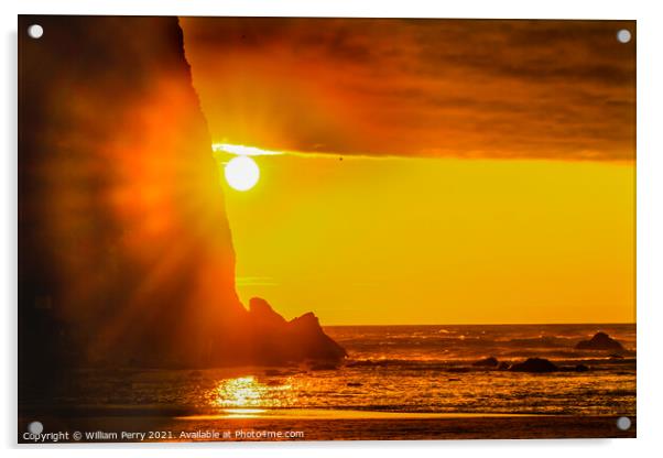 Colorful Sun Rays Haystack Rock Sea Stack Canon Beach Oregon Acrylic by William Perry