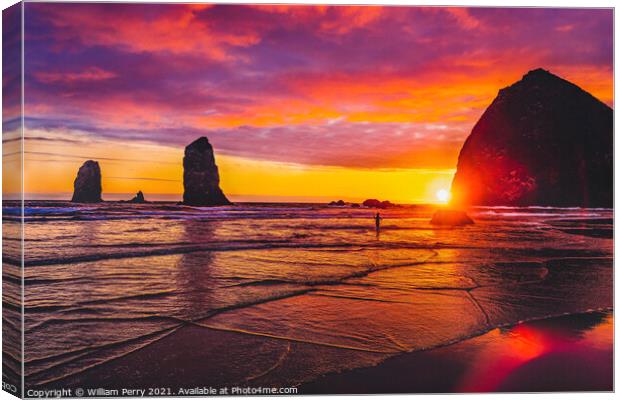 Colorful Sunset Dancing Sun Haystack Rock Sea Stacks Canon Beach Canvas Print by William Perry