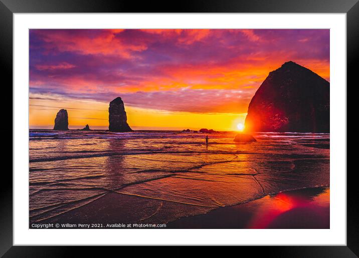 Colorful Sunset Dancing Sun Haystack Rock Sea Stacks Canon Beach Framed Mounted Print by William Perry