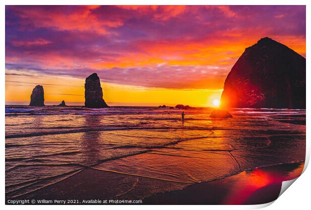 Colorful Sunset Dancing Sun Haystack Rock Sea Stacks Canon Beach Print by William Perry