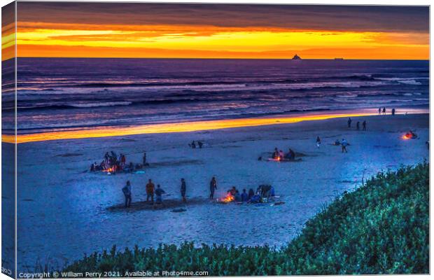 Colorful Sunset Bonfires Beach Tourists Canon Beach Oregon Canvas Print by William Perry