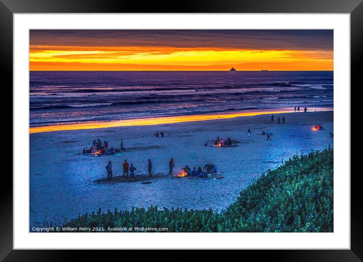 Colorful Sunset Bonfires Beach Tourists Canon Beach Oregon Framed Mounted Print by William Perry