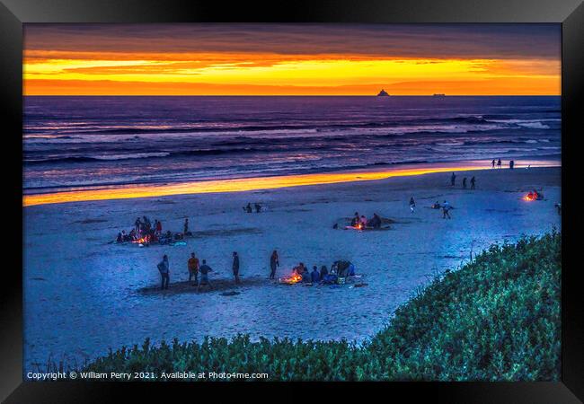 Colorful Sunset Bonfires Beach Tourists Canon Beach Oregon Framed Print by William Perry