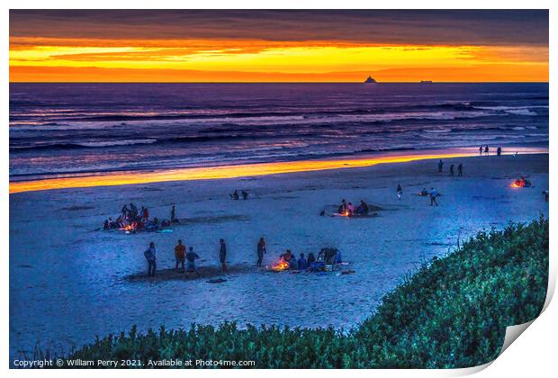 Colorful Sunset Bonfires Beach Tourists Canon Beach Oregon Print by William Perry