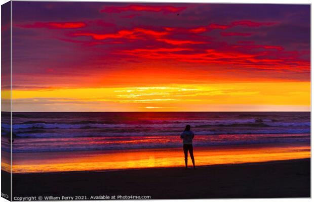 Meditation Watching Colorful Sunset Ocean Canon Beach Oregon Canvas Print by William Perry