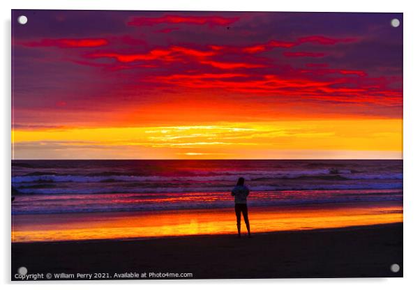 Meditation Watching Colorful Sunset Ocean Canon Beach Oregon Acrylic by William Perry