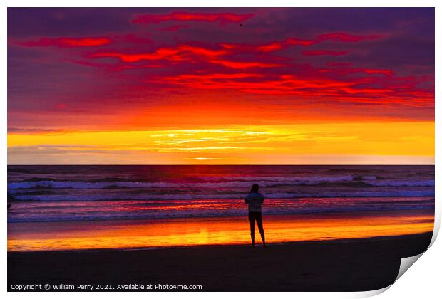 Meditation Watching Colorful Sunset Ocean Canon Beach Oregon Print by William Perry