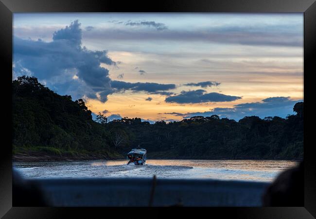Boat on the Tambopata river, Peru Framed Print by Phil Crean