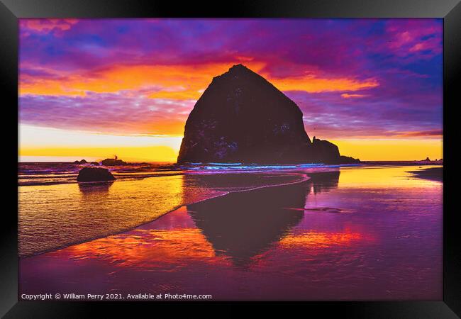 Colorful Sunset Haystack Rock Canon Beach Oregon Framed Print by William Perry