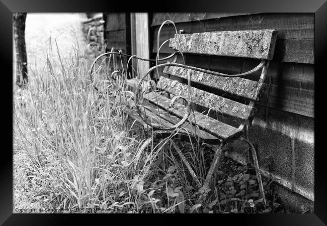 Old garden bench decaying mono Framed Print by Simon Bratt LRPS