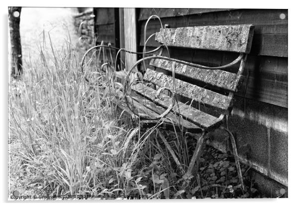 Old garden bench decaying mono Acrylic by Simon Bratt LRPS