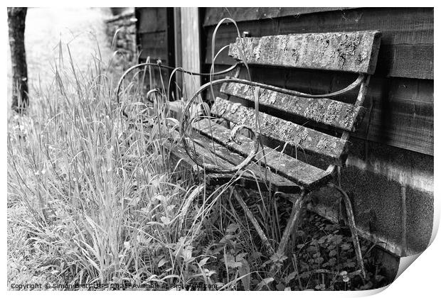 Old garden bench decaying mono Print by Simon Bratt LRPS
