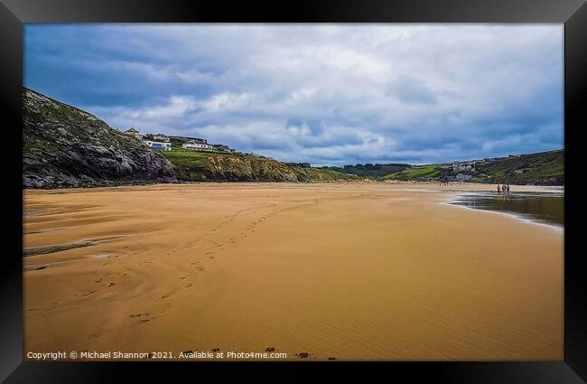 The sandy beach at Mawgan Porth in Cornwall Framed Print by Michael Shannon