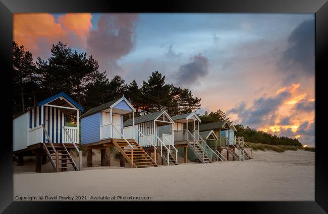 Wells Beach Hut Sunset Norfolk Framed Print by David Powley