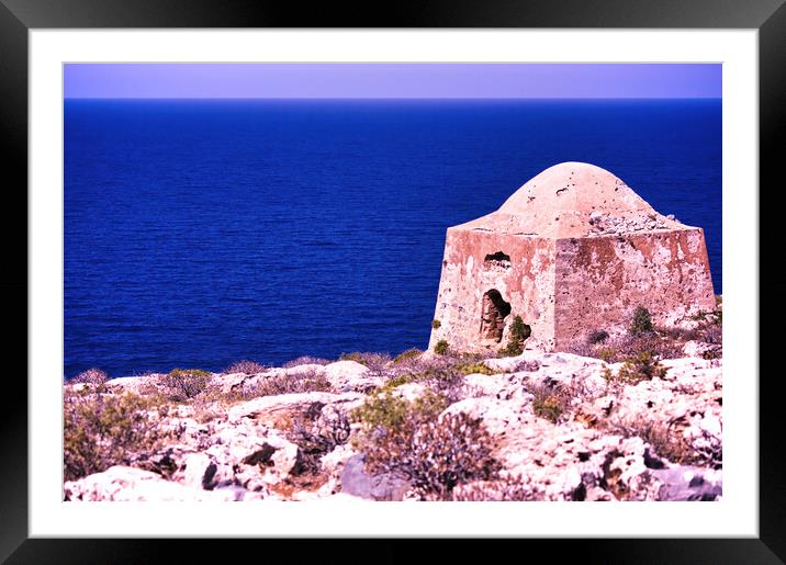 Crete or Kreta, Greece - September 15, 2017: Ruin of ottoman building on Gramvousa on venetian fort against deep blue sea, Wide angle shot of Kissamos Framed Mounted Print by Arpan Bhatia