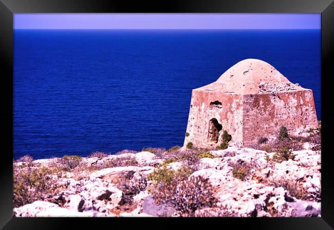 Crete or Kreta, Greece - September 15, 2017: Ruin of ottoman building on Gramvousa on venetian fort against deep blue sea, Wide angle shot of Kissamos Framed Print by Arpan Bhatia