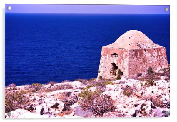 Crete or Kreta, Greece - September 15, 2017: Ruin of ottoman building on Gramvousa on venetian fort against deep blue sea, Wide angle shot of Kissamos Acrylic by Arpan Bhatia