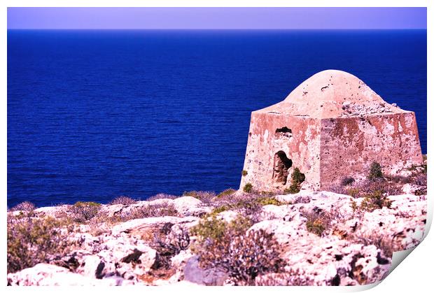 Crete or Kreta, Greece - September 15, 2017: Ruin of ottoman building on Gramvousa on venetian fort against deep blue sea, Wide angle shot of Kissamos Print by Arpan Bhatia