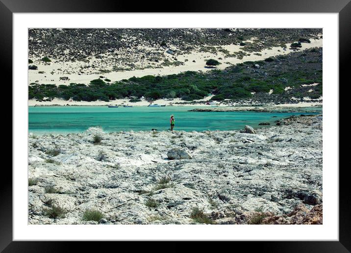 Crete or Kreta, Greece : A rear view of a girl standing in a nature lagoon in Balos Beach, Gramvousa Peninsula in Kreta island Framed Mounted Print by Arpan Bhatia