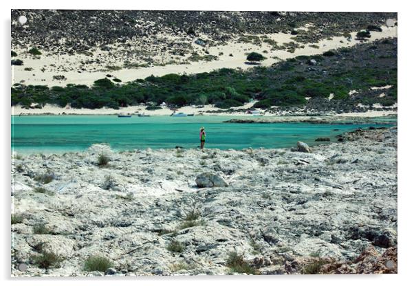 Crete or Kreta, Greece : A rear view of a girl standing in a nature lagoon in Balos Beach, Gramvousa Peninsula in Kreta island Acrylic by Arpan Bhatia