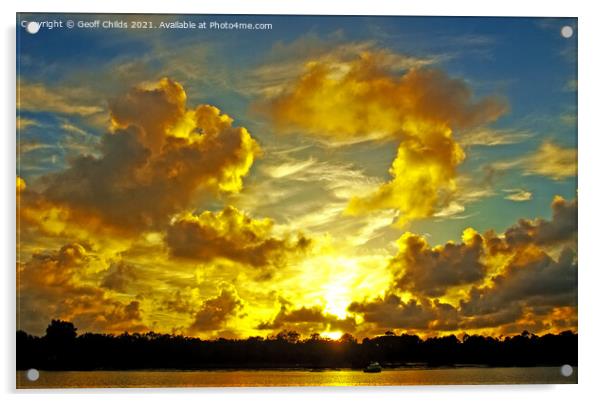 Golden coloured coastal sunrise cloudscape. Acrylic by Geoff Childs