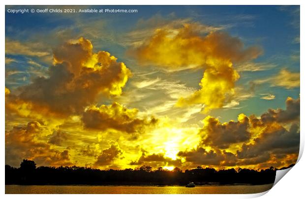 Golden coloured coastal sunrise cloudscape. Print by Geoff Childs