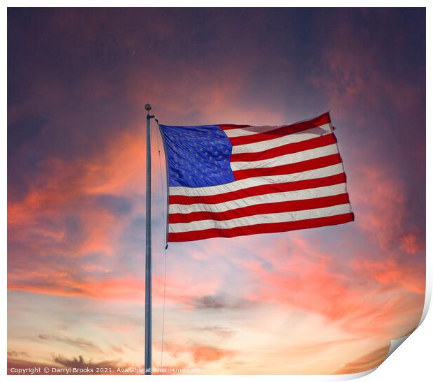 Bright Backlit Flag by Sunset Print by Darryl Brooks