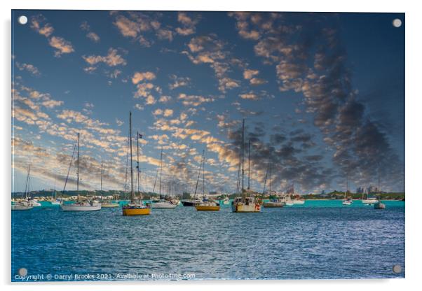 Colorful Boats in Blue Harbor Acrylic by Darryl Brooks