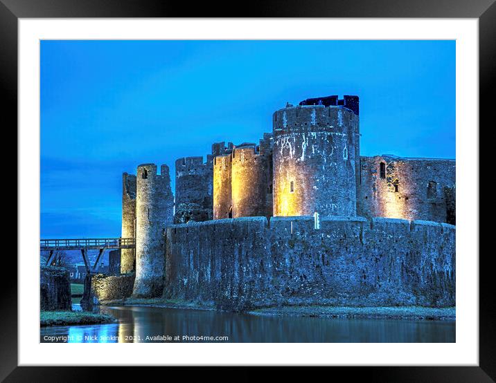 Caerphilly Castle Floodlit at Night South Wales Framed Mounted Print by Nick Jenkins