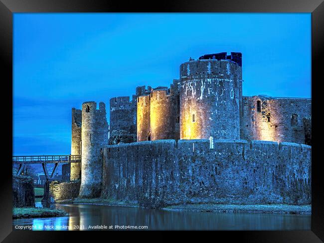 Caerphilly Castle Floodlit at Night South Wales Framed Print by Nick Jenkins