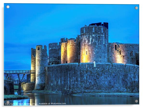Caerphilly Castle Floodlit at Night South Wales Acrylic by Nick Jenkins