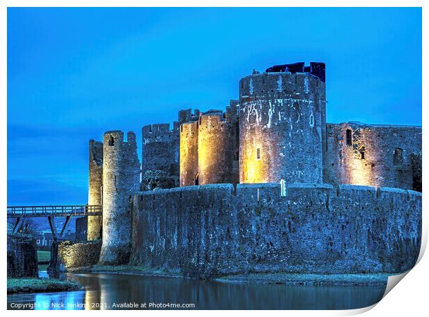 Caerphilly Castle Floodlit at Night South Wales Print by Nick Jenkins