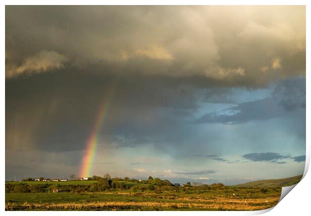 Rainclouds and Rainbow Llantrisant Common  Print by Nick Jenkins