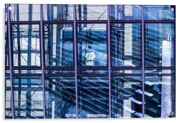 Gdansk, North Poland - August 15, 2020 A little kid wearing mask standing in an elevator inside transparent modern building Acrylic by Arpan Bhatia