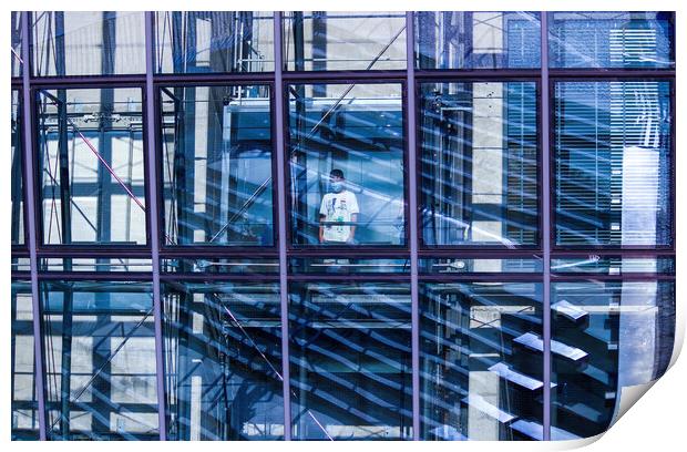 Gdansk, North Poland - August 15, 2020 A little kid wearing mask standing in an elevator inside transparent modern building Print by Arpan Bhatia