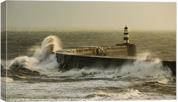 Seaham Lighthouse and Pier Under Attack Canvas Print by Gary Clarricoates