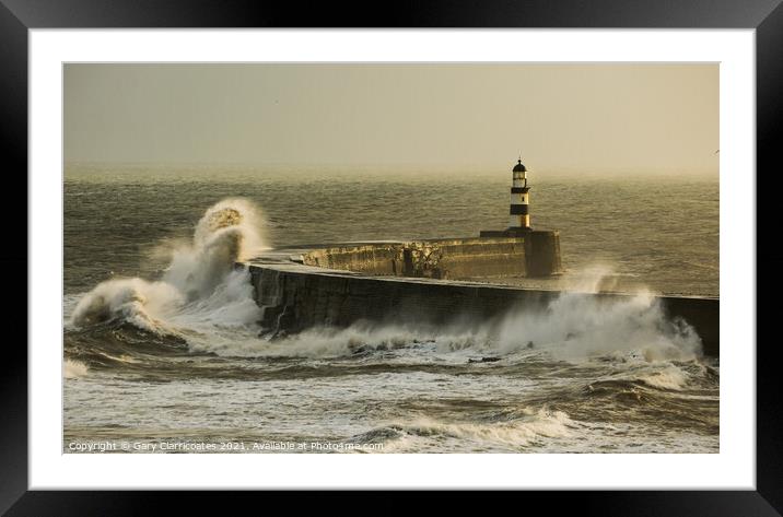 Seaham Lighthouse and Pier Under Attack Framed Mounted Print by Gary Clarricoates