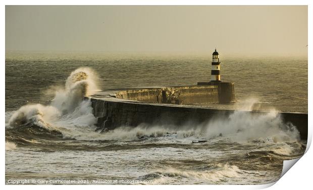 Seaham Lighthouse and Pier Under Attack Print by Gary Clarricoates
