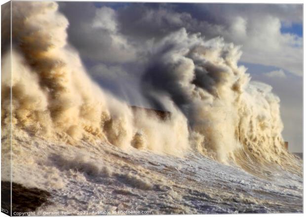 Storm wave over Porthcawl Pier, South Wales, UK Canvas Print by Geraint Tellem ARPS
