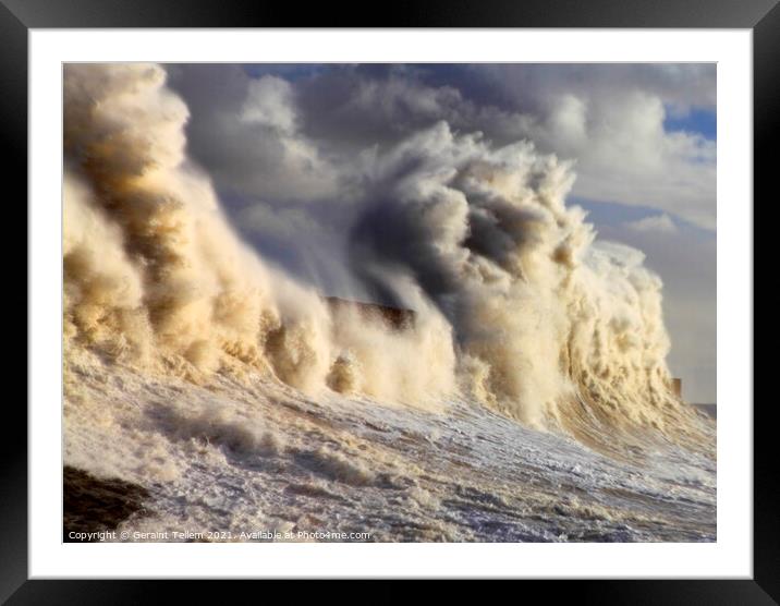 Storm wave over Porthcawl Pier, South Wales, UK Framed Mounted Print by Geraint Tellem ARPS