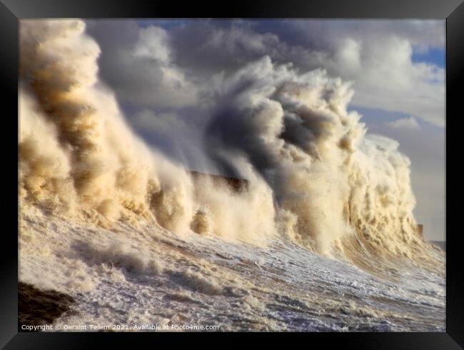 Storm wave over Porthcawl Pier, South Wales, UK Framed Print by Geraint Tellem ARPS