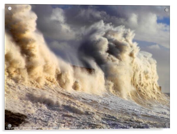 Storm wave over Porthcawl Pier, South Wales, UK Acrylic by Geraint Tellem ARPS