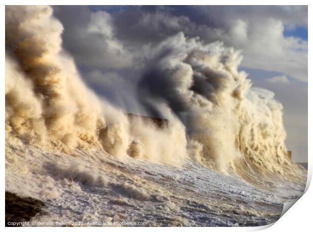 Storm wave over Porthcawl Pier, South Wales, UK Print by Geraint Tellem ARPS