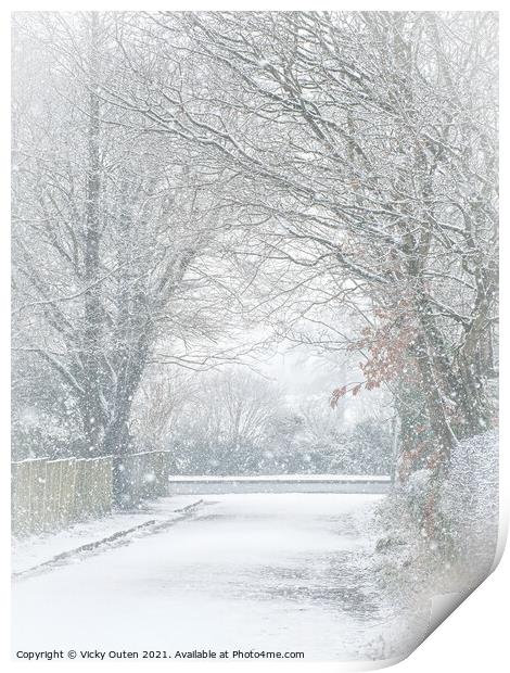 Snowy Avenue in Alderley Edge Print by Vicky Outen