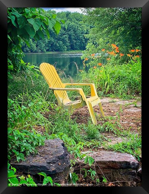 Serene Seating by the River Framed Print by Deanne Flouton