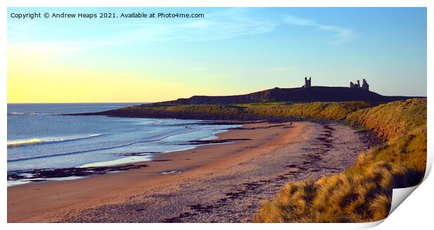 Sunset scene looking towards Dunstanburgh Castle. Print by Andrew Heaps