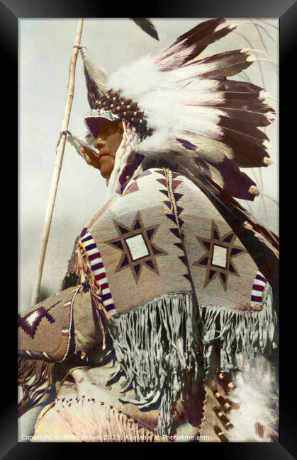 1899 Tribal Chief with Headdress, Restored & Color Framed Print by Philip Brown