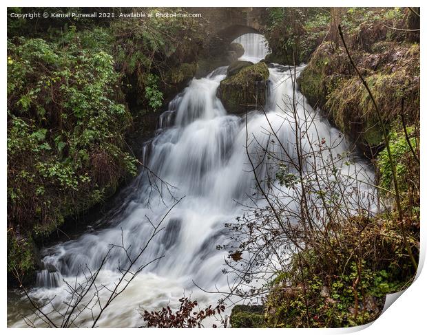 Waterfall at Rouken Glen Park Print by Kamal Purewall