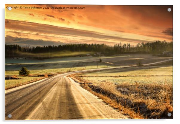 Hazy Rural Road in Winter Golden Hour  Acrylic by Taina Sohlman
